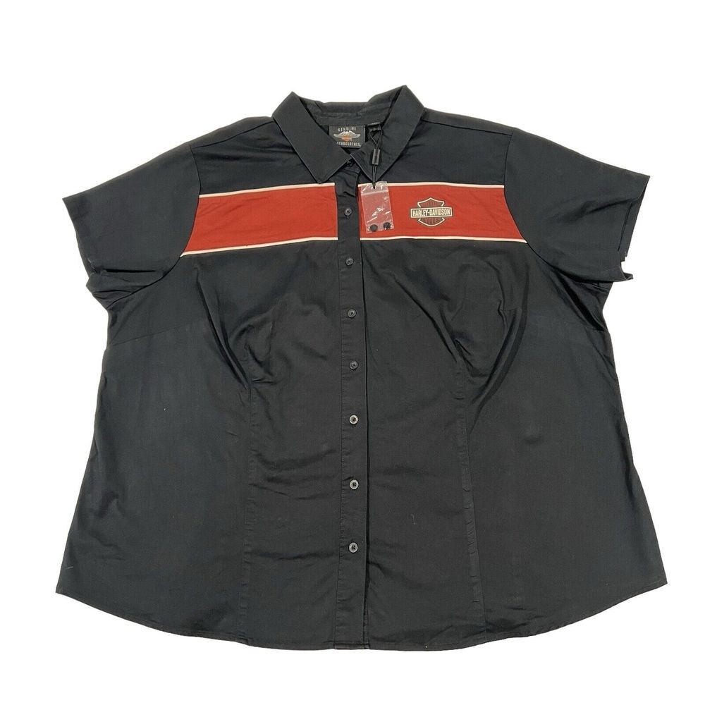 HARLEY DAVIDSON Garage Shirt Top Black Orange Sewn Biker Logo Women's 3W